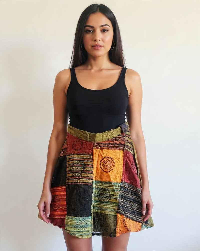 Handcrafted Cotton Patchwork Mini Wrap Skirt: Boho Hippie Style