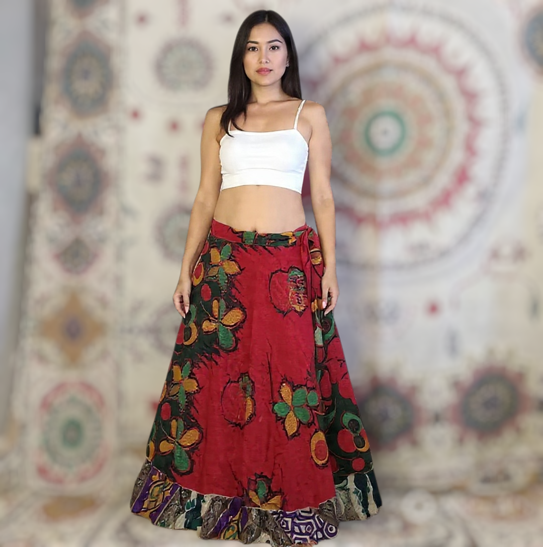 Reversible Silk Sari Wrap Skirt: Upcycled Boho Beach Skirt