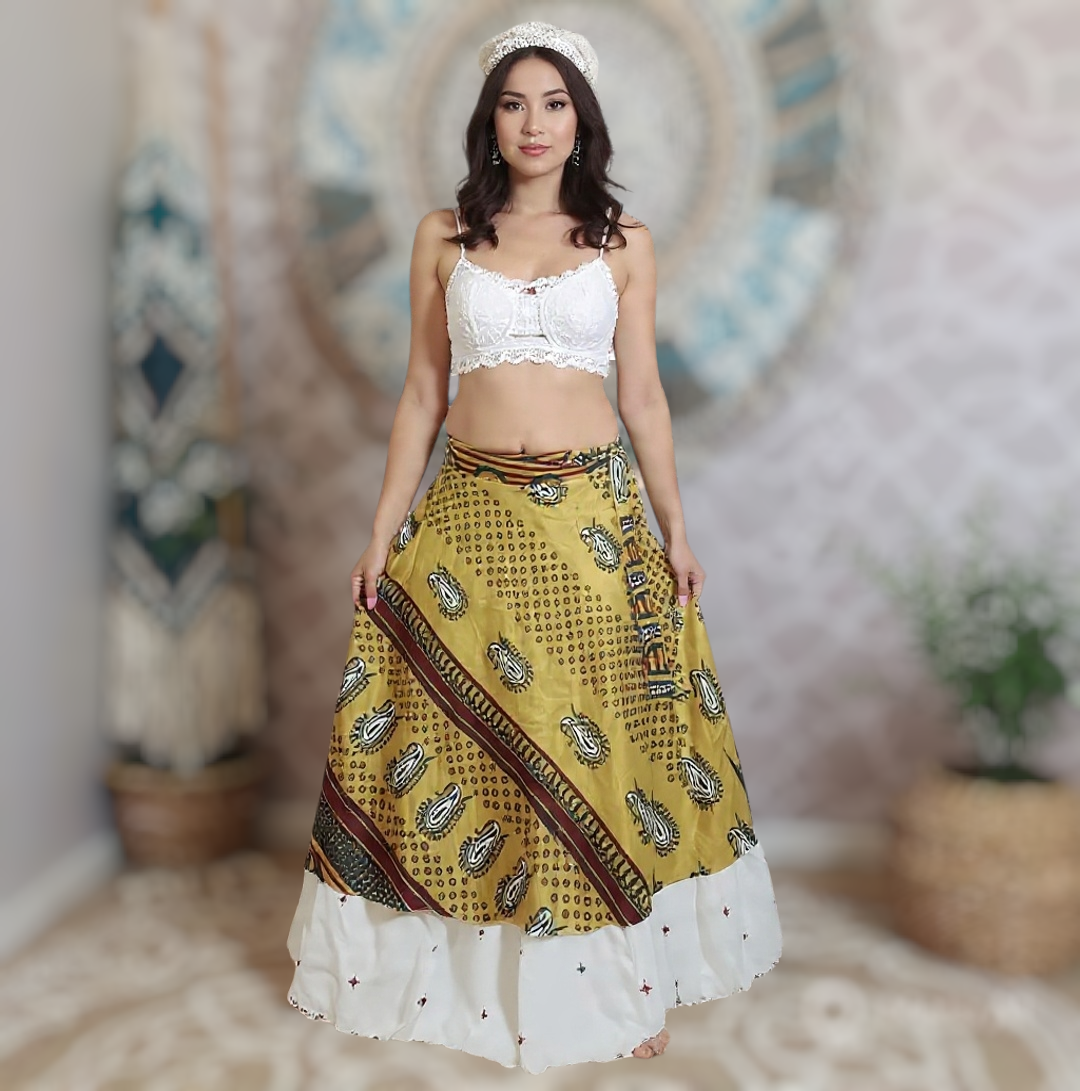 Reversible Silk Sari Wrap Skirt: Upcycled Boho Beach Skirt
