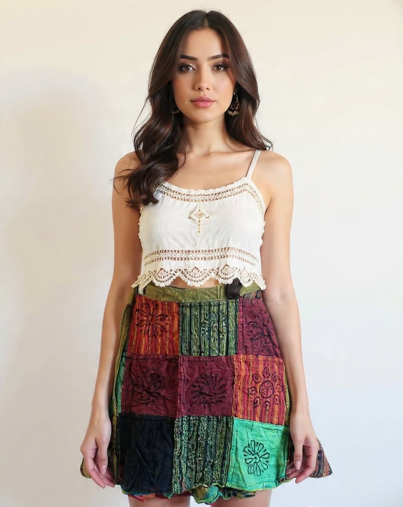 Handcrafted Cotton Patchwork Mini Wrap Skirt: Boho Hippie Style