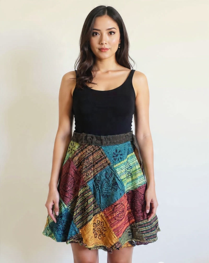 Handcrafted Cotton Patchwork Mini Wrap Skirt: Boho Hippie Style