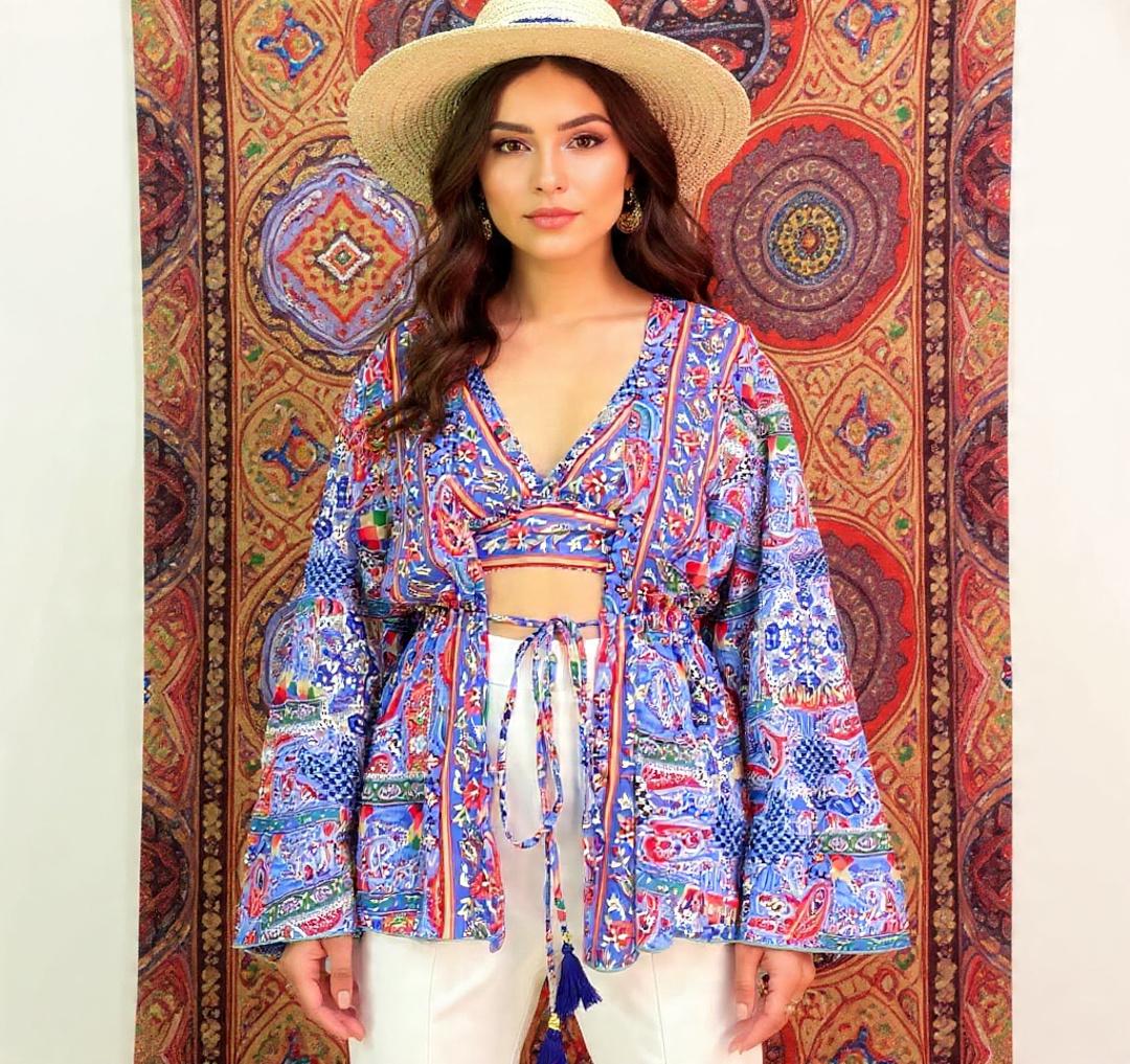 Boho Printed 2pcs Co ord Set, Bohemian, Drawstring Kimono, top sets