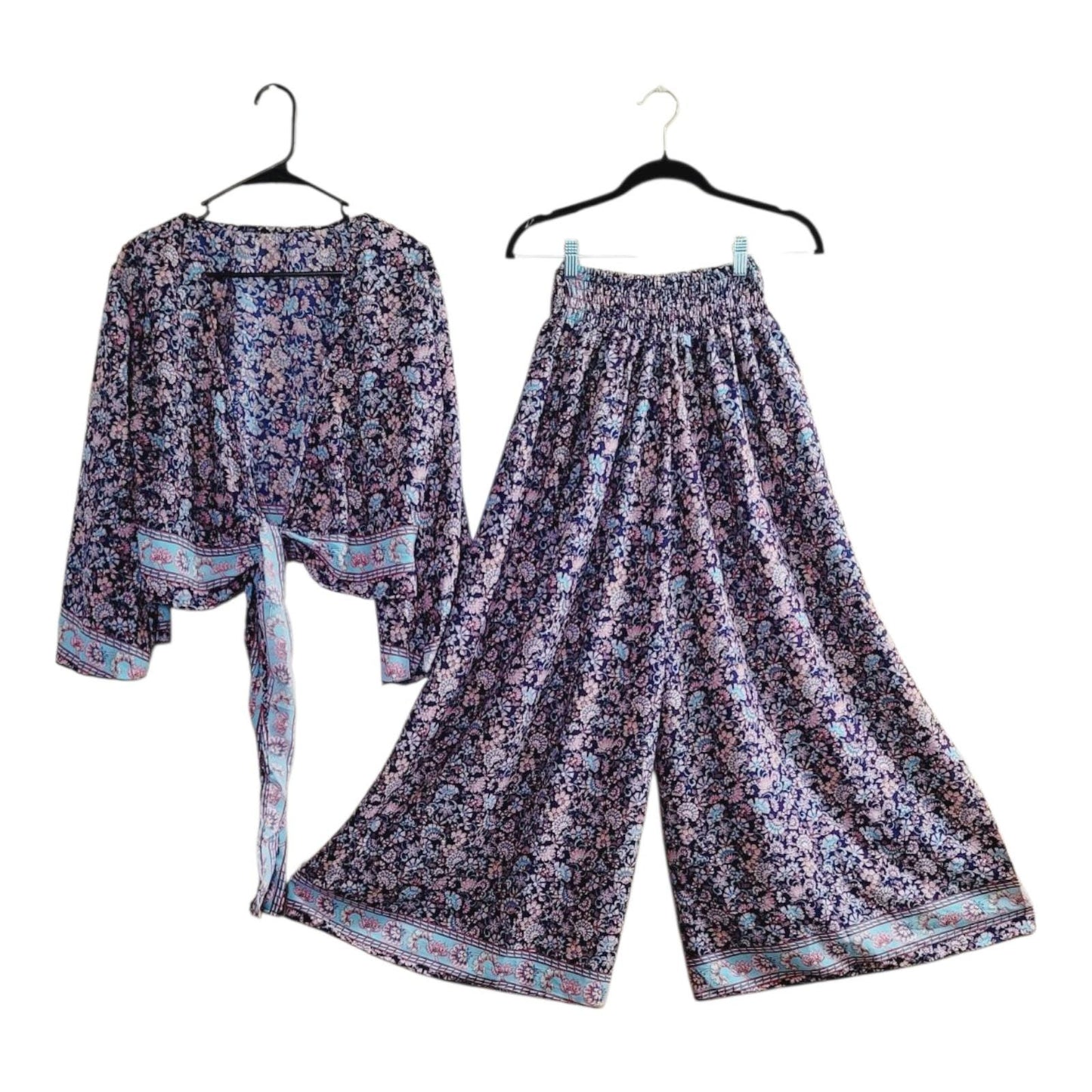 Silk Blend Palazzo Pant Set: Boho Floral Wrap Top