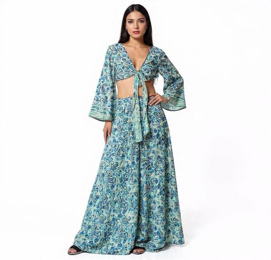 Boho Silk Blend Palazzo Pant Set: Wide Leg Bell Sleeve Top