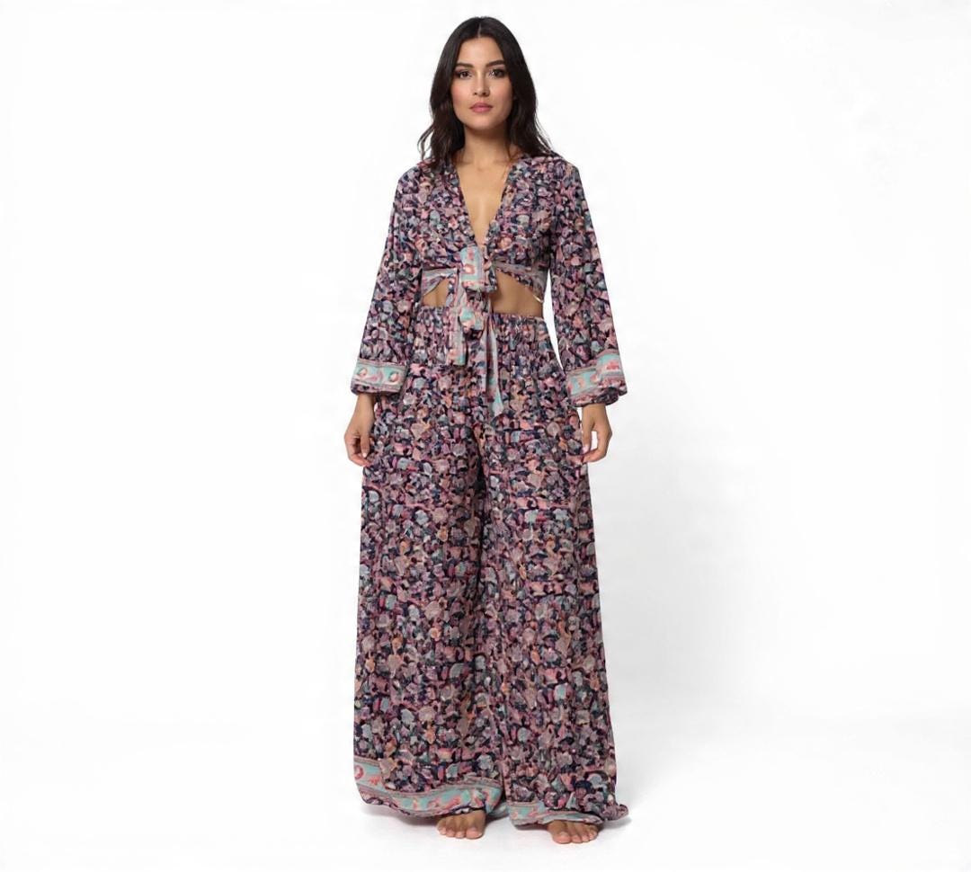 Silk Blend Palazzo Pant Set: Boho Floral Wrap Top