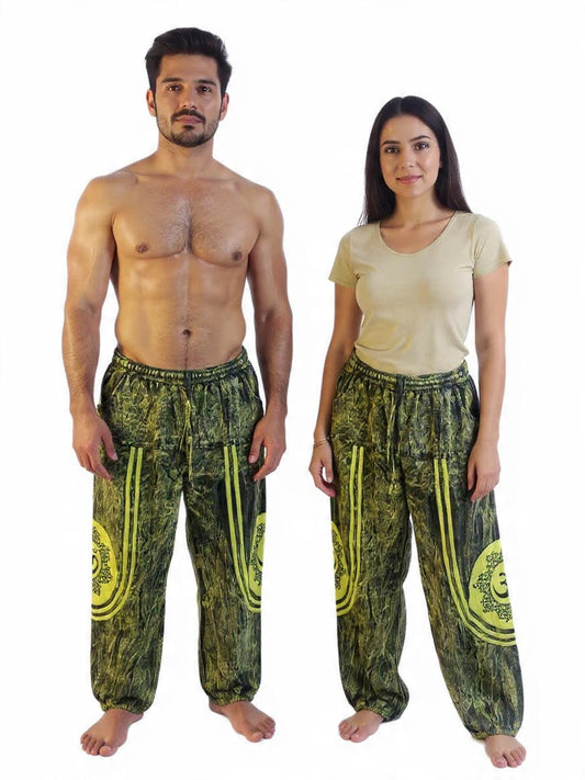 Embroidered OM Patchwork Boho Cotton Pant, Stone Washed, One Size, Hippie Pant, Men Women