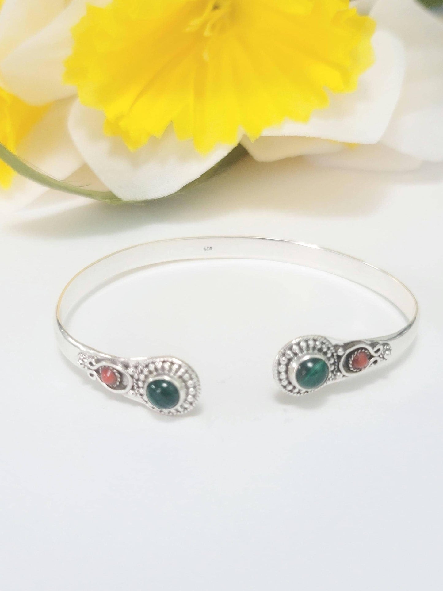 Genuine 925 Sterling Silver Gemstones Coral Side Handmade Adjustable Cuff Bangle