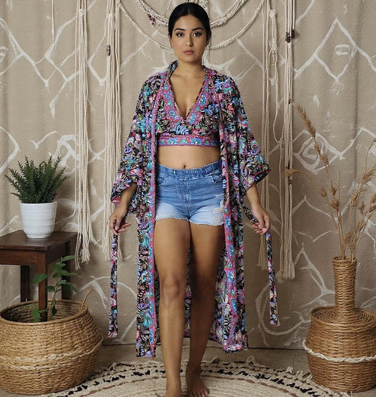 Silk Blend 2 Pieces Set Boho Halter Top and Kimono Robe: Floral Summer Cover-Up