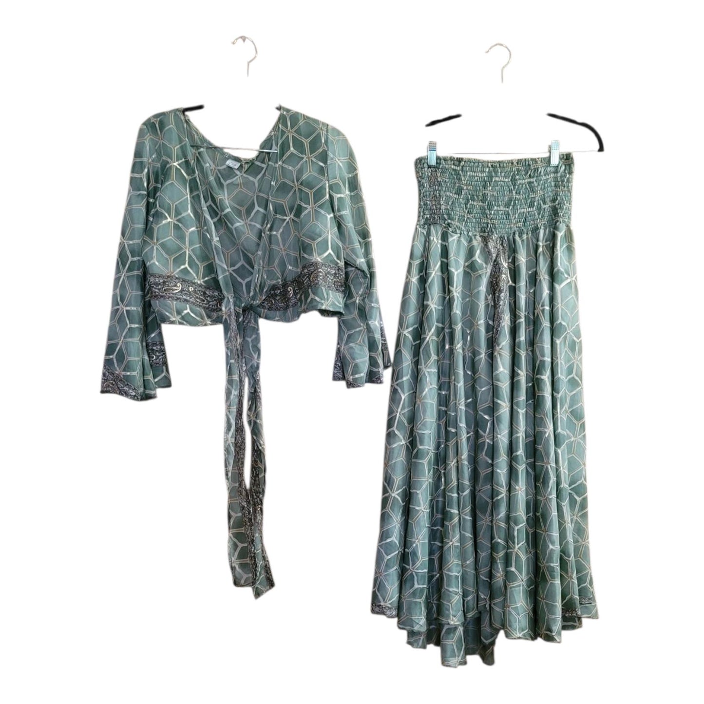 Boho Silk Blend Palazzo Pant Set: Wide Leg Bell Sleeve Top