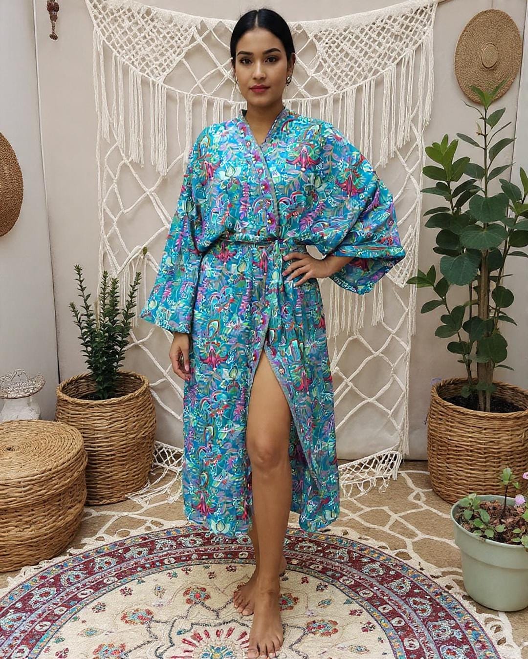 Silk Blend 2 Pieces Set Boho Halter Top and Kimono Robe: Floral Summer Cover-Up