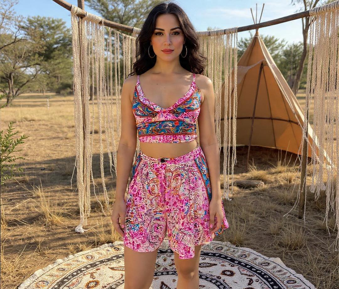 Boho Printed 3pcs Co ord Set, Bohemian, Kimono, Puffed Sleeve, Shorts Women sets