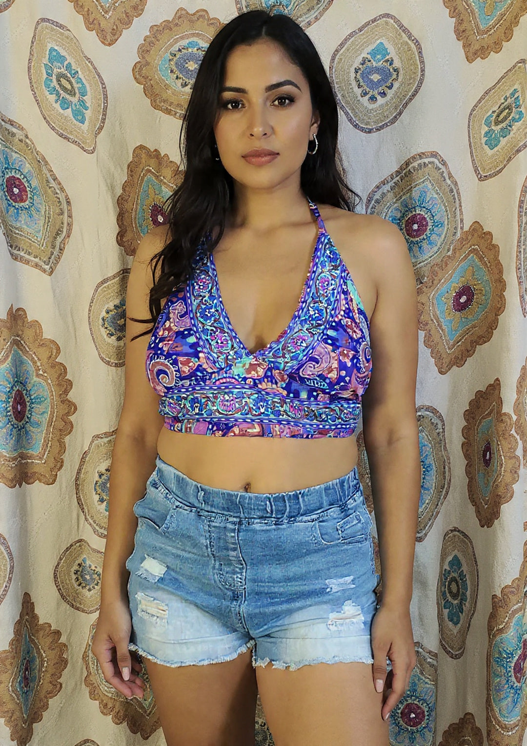 Silk Blend 2 Pieces Set Boho Halter Top and Kimono Robe: Floral Summer Cover-Up