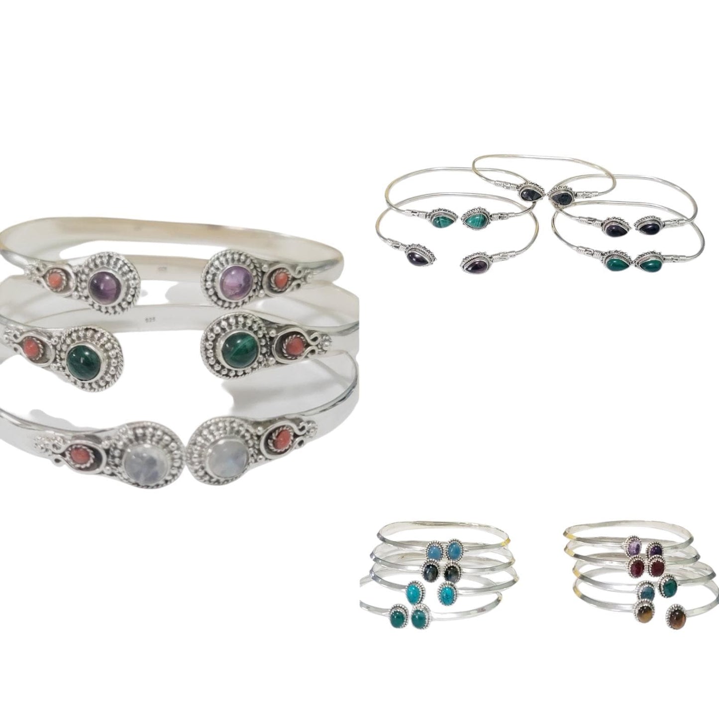 Genuine 925 Sterling Silver Gemstones Coral Side Handmade Adjustable Cuff Bangle