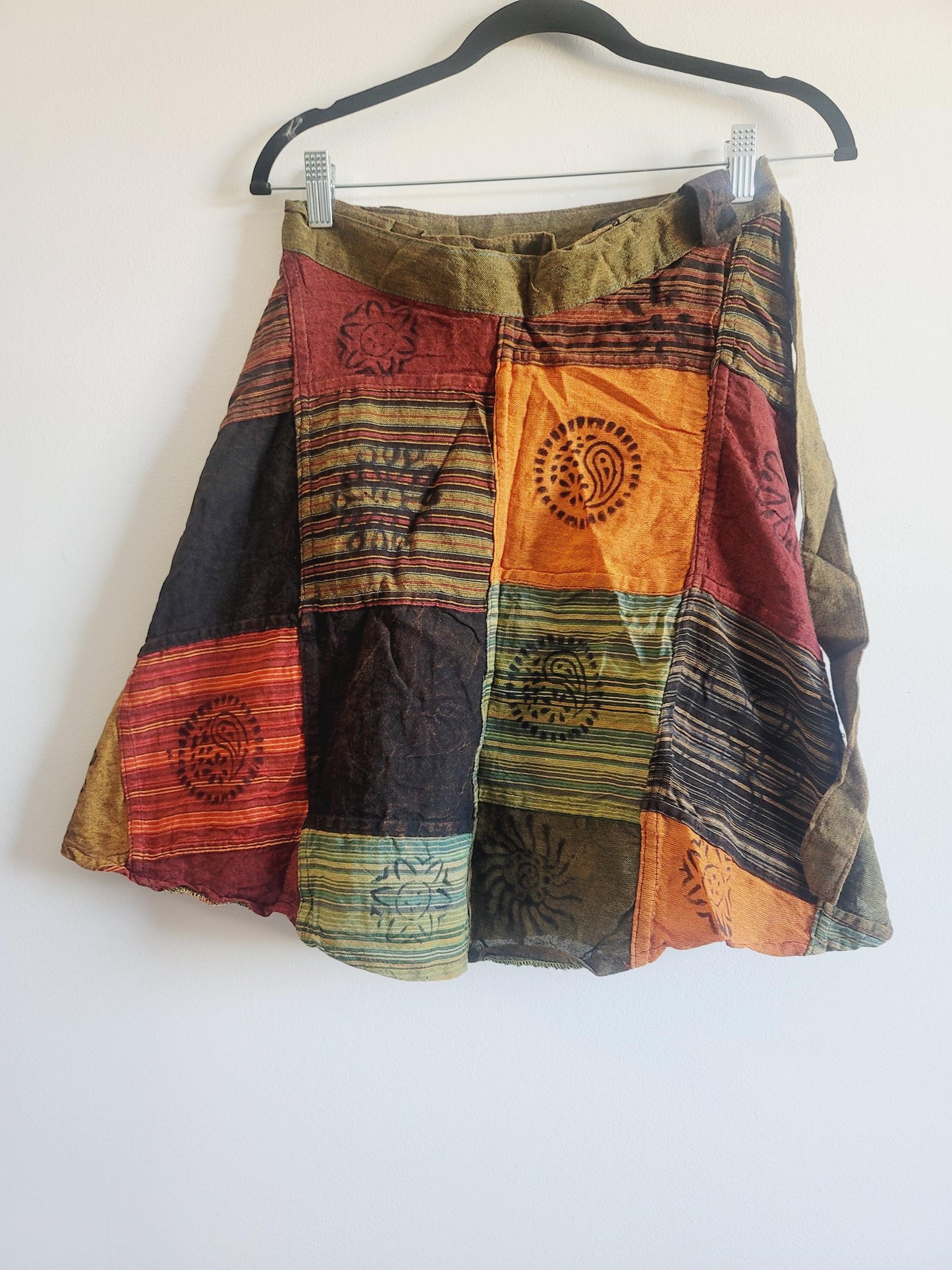 Handcrafted Cotton Patchwork Mini Wrap Skirt: Boho Hippie Style