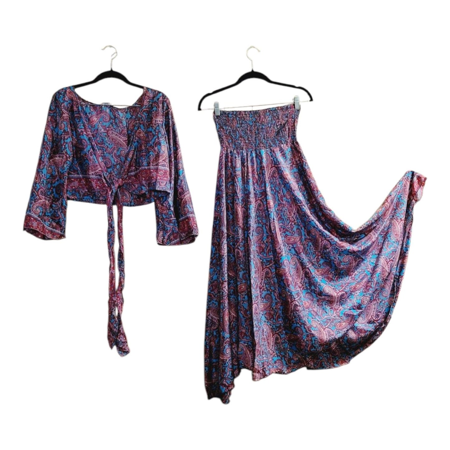 Boho Silk Blend Palazzo Pant Set: Wide Leg Bell Sleeve Top