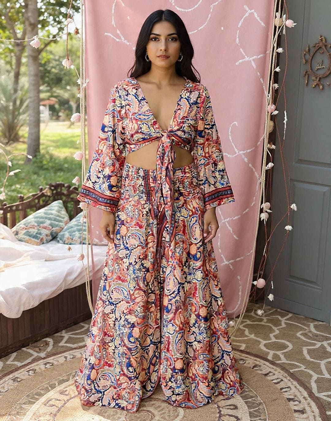 Boho Silk Blend Palazzo Pant Set: Wide Leg Bell Sleeve Top