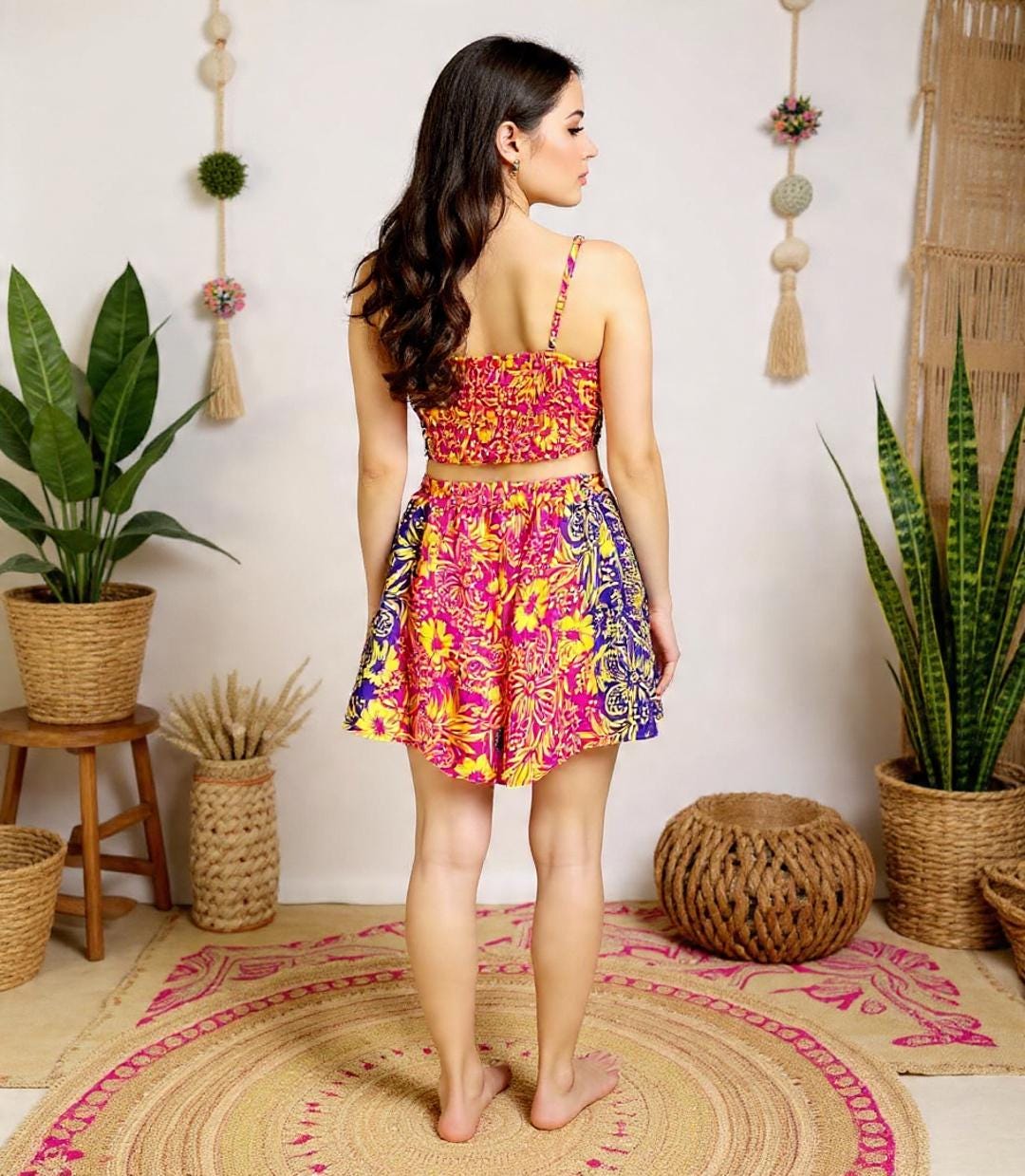 Boho Printed 3pcs Co ord Set, Bohemian, Kimono, Puffed Sleeve, Shorts Women sets