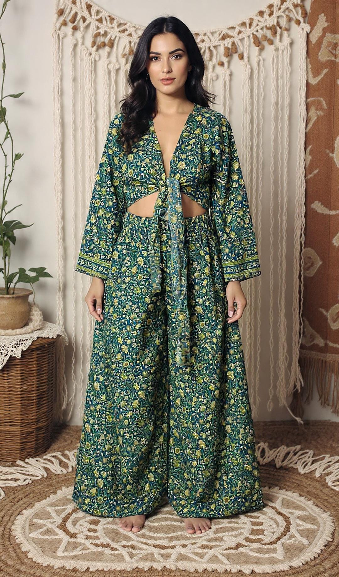Silk Blend Palazzo Pant Set: Boho Floral Wrap Top