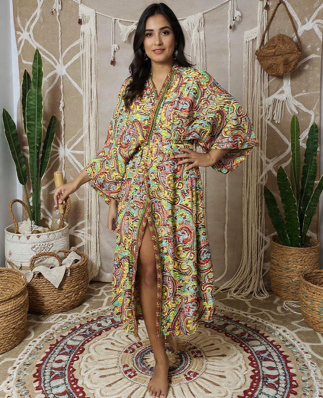 Silk Blend 2 Pieces Set Boho Halter Top and Kimono Robe: Floral Summer Cover-Up