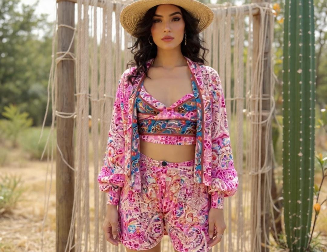 Boho Printed 3pcs Co ord Set, Bohemian, Kimono, Puffed Sleeve, Shorts Women sets