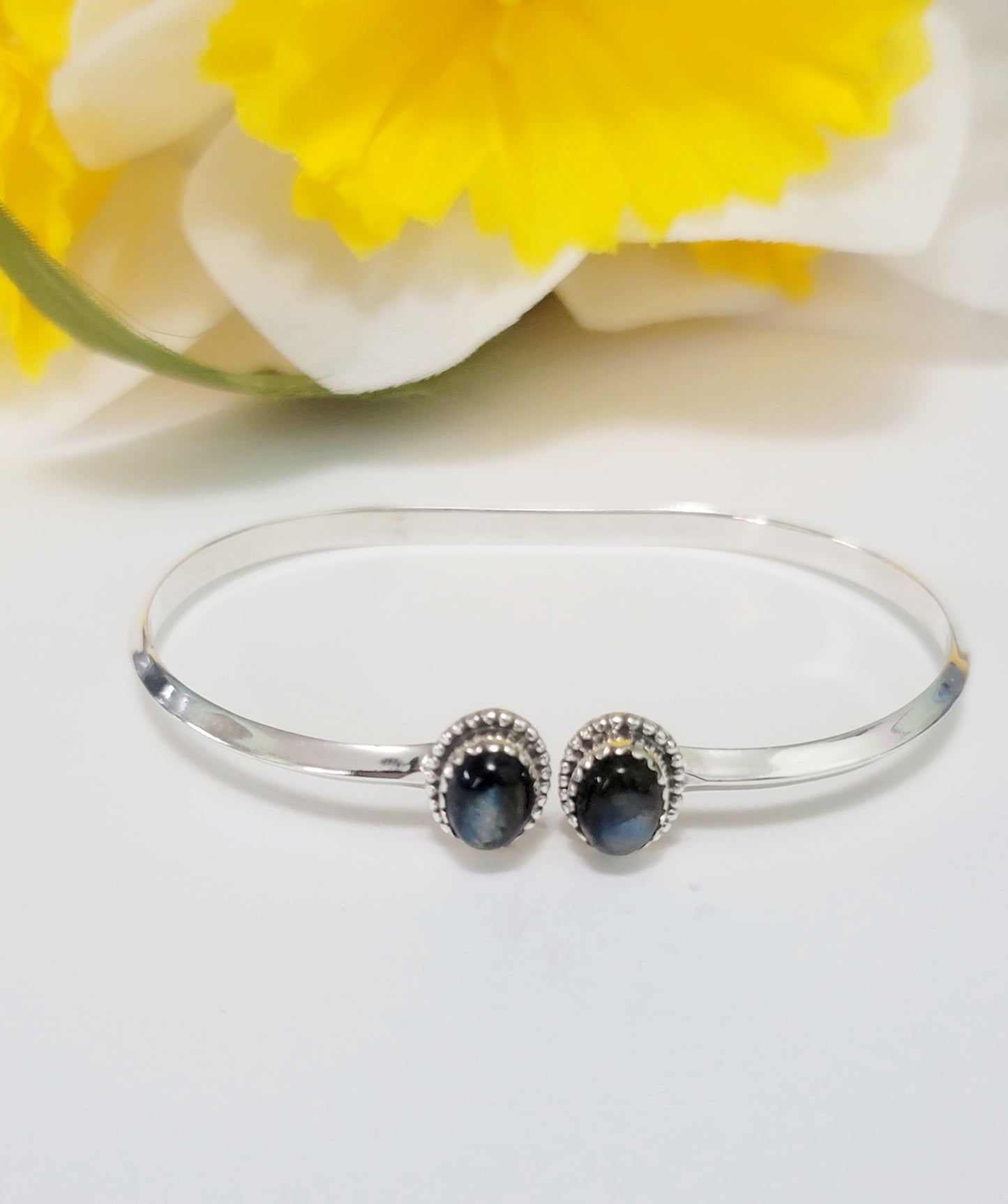 Genuine 925 Sterling Silver Gemstones  Handmade Adjustable Cuff Bangle