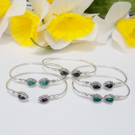 Genuine 925 Sterling Silver Gemstones Handmade Adjustable Cuff Bangle