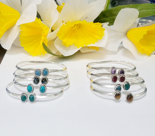 Genuine 925 Sterling Silver Gemstones  Handmade Adjustable Cuff Bangle